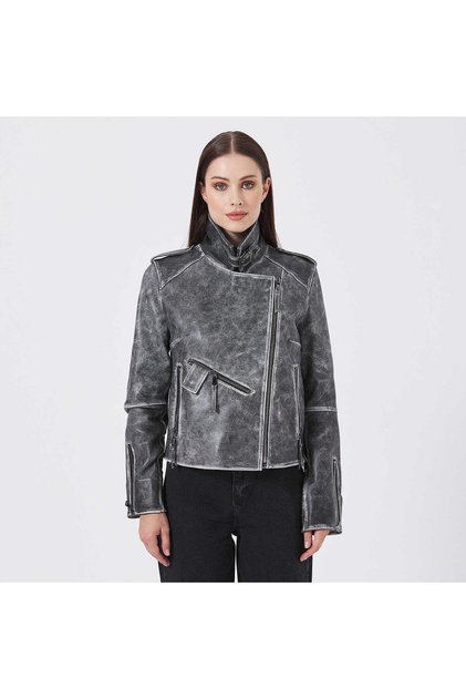 Gri Hakiki Deri Kadın Deri Biker Mont - K23KDM320402-U1H