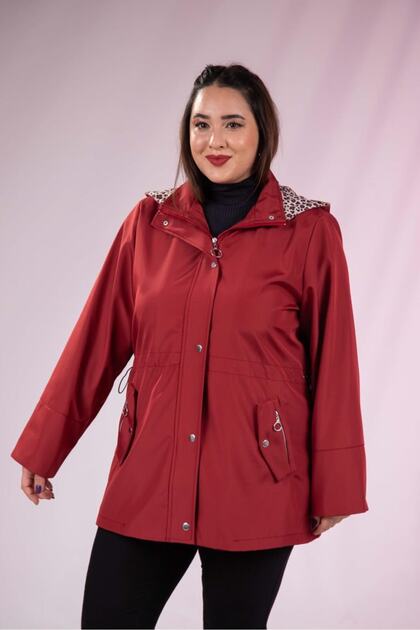 1222442 Women's Plus Size Burgundy Leopard Thomas Raincoat