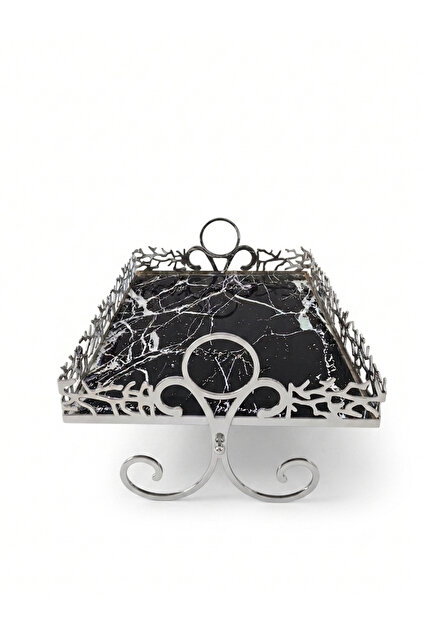 Decorative Rectangular Chrome-Legged Metal Glass Presentation Tray with Marble Pattern -Çınar-Silver