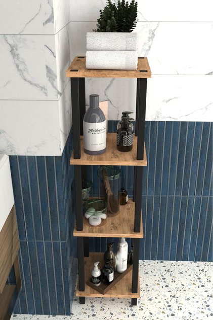 Viva 4 Katlı Çok Amaçlı Banyo Rafı Metal Ayaklı Organizer- Meşe