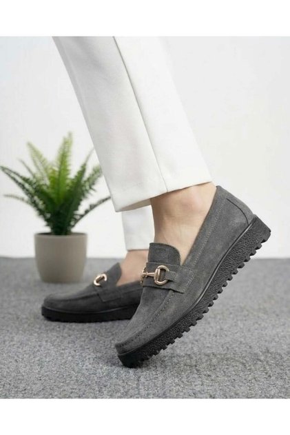 Women's Suede Loafers Buckled Casual Shoes - Anthracite
