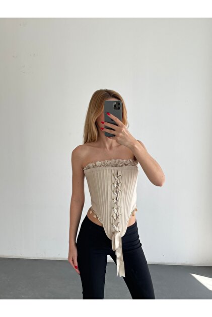 Friday Mood Kadın Ekru Fırfır Detaylı Straplez Bağcıklı Korse Bluz