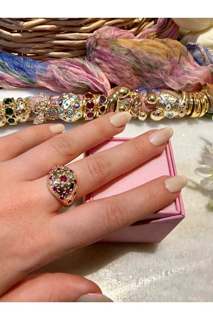 Gold Pink Stone Curved Anti-Tarnish Adjustable Anti-Tarnish Ring