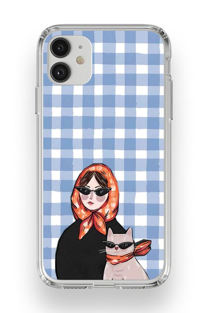 iPhone 11 Compatible Transparent Phone Case with Shawl, Women and Cat Pattern