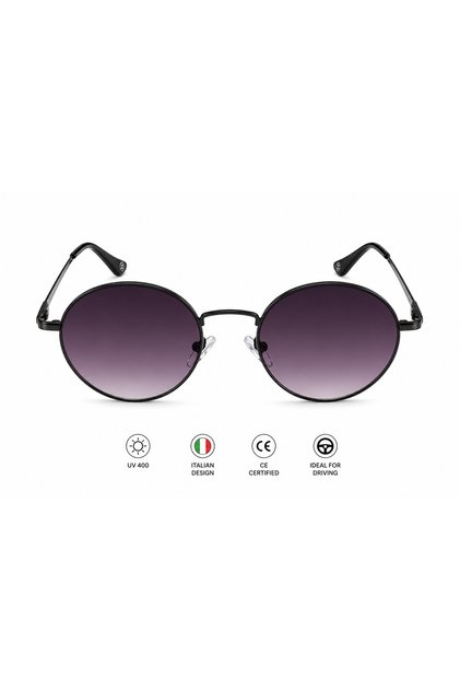 Ochelari de Soare model,Noir Round – UV400, Ramă Neagră Metalică, Lentile Degrade Mov-Gri, Design Retro Oval