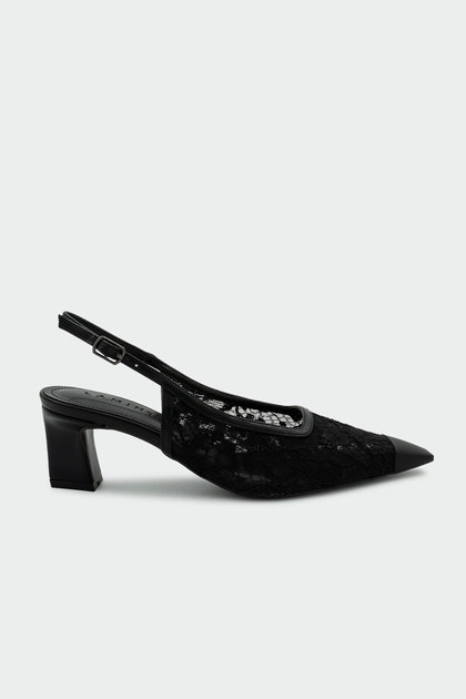 Arimo Lace Detailed Metal Toe Women's Black Heeled Shoes