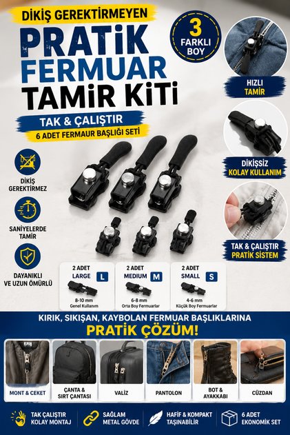 6 Adet Dikiş Gerektirmeyen Pratik Fermuar Tamir Kiti Tak Çalıştır Fermuar Başlığı Seti