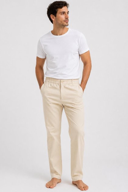 Ecru Lycra Stretch Fabric Elastic Waist Button and Zipper Summer Men's Linen Trousers // 2002-Ecru