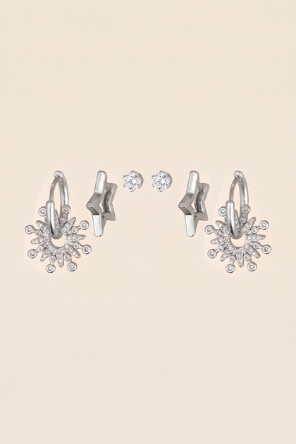 Silver Color Steel Zircon Stone Sun and Star Shaped 6-Piece Earring Set