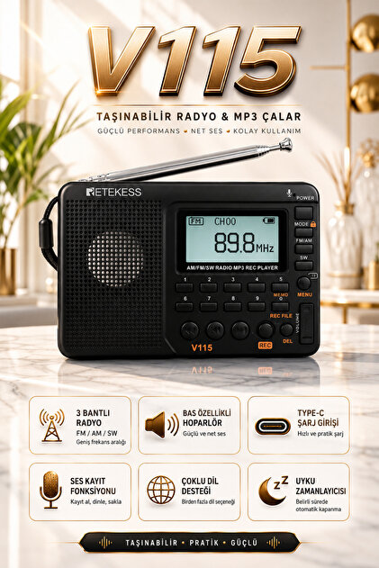 L'eDoren V115 Şarjlı Taşınabilir Radyo | FM-AM-SW Kısa Dalga | USB MP3