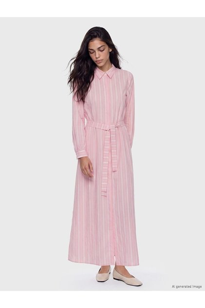 Lcw Modest Pink Striped Belted Shirt Dress