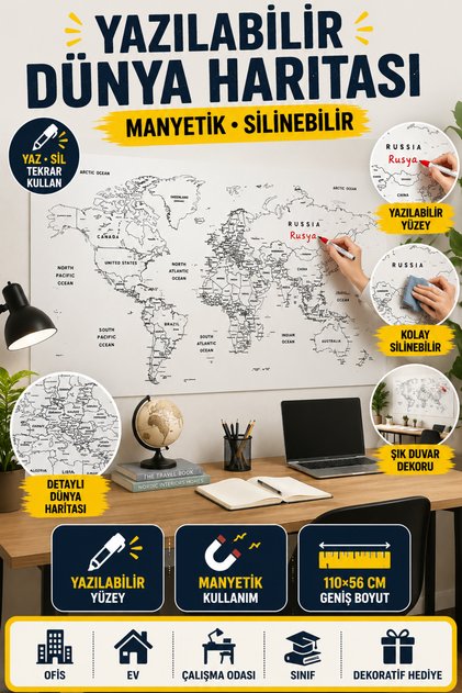 Yazılabilir Manyetik Dünya Haritası Duvar Stickerı 110x56 cm Silinebilir Atlas Haritası