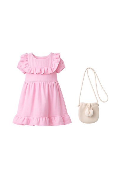 Girl's Ruffle Detailed Dress with Bag Summer 100% Cotton Muslin Look Pink Dress 2-5 Years Old