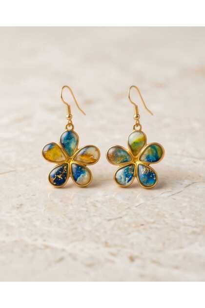 Maviş Gold Papatya Polymer Clay & Epoxy Handmade Earrings