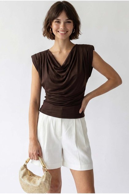 2133 Women's Padded Collar Slim Fit Sleeveless Blouse Brown