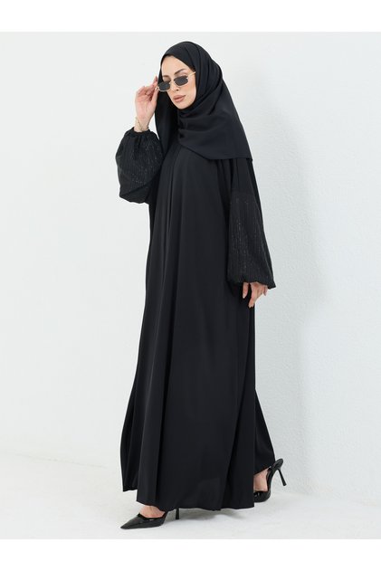 Saye Dubai Şallı Kolu Taşlı Abaya Takım Siyah Taşlı - 1022
