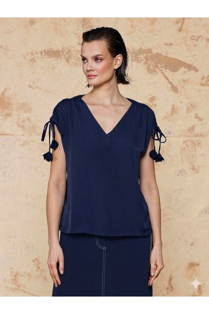 T-Shirt with Fabric Trim and Shoulder Ruching Detail