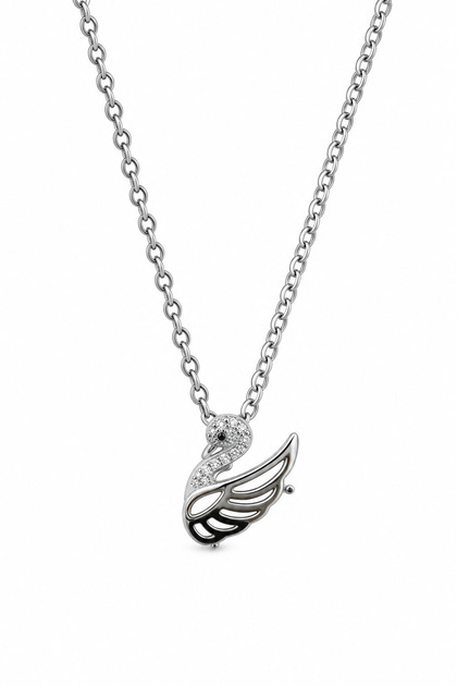 Stone-Encrusted Steel Necklace with Swan Wing Figure