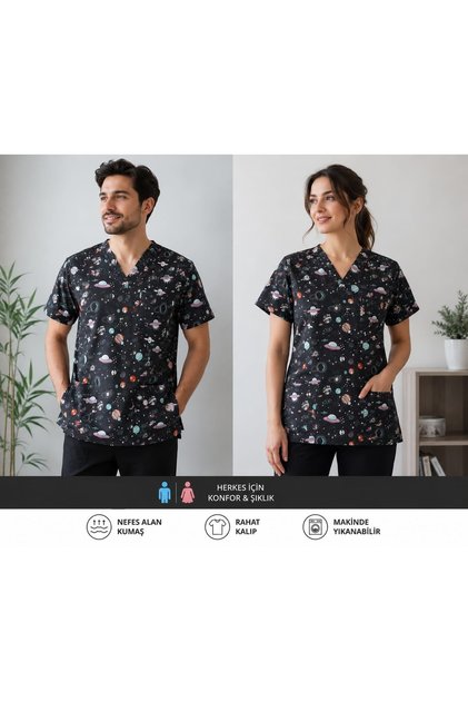 UZAY DESENLİ UNİSEX LİKRALI HEMŞİRE DOKTOR SCRUBS TEK ÜST ÜNİFORMA