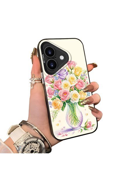 iPhone 17 Compatible Silicone Edge Hard Back Case Couple Phone Case with Floral Pattern
