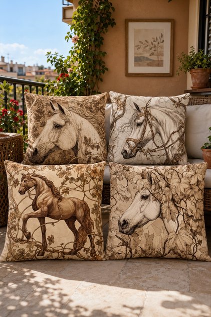 Set of 4 Cushion Covers with Drawing-Style Horses Pattern