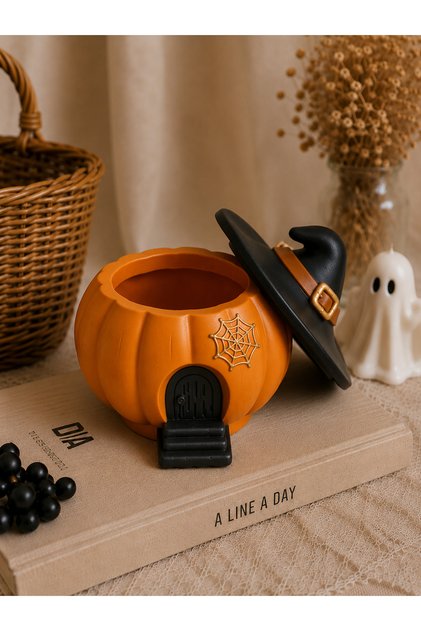 Cadı Şapkalı Kabak Dekoratif Saklama Kutusu | Beton El Yapımı Halloween Mumluk & Şekerlik