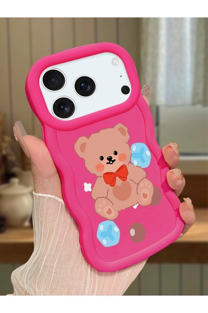 iPhone 17/18 Pro Max Compatible Case with Camera Protector Red Silicone Couple Phone Case Bear Pattern