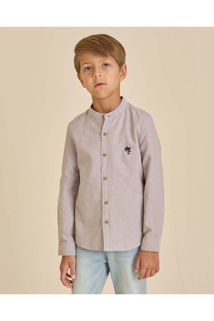 Boys Grey Printed Mandarin Collar Shirt
