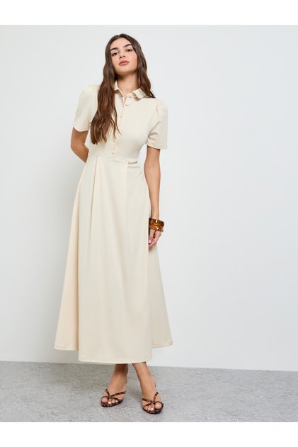 Beige A-Line Maxi Dress with Short Sleeves