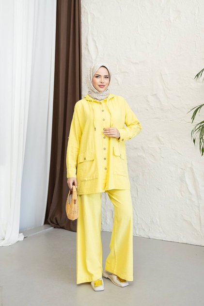 Hooded Detailed Pocketed 100% Cotton Linen Double Set