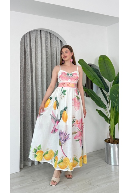 Women's Thin Straps Floral Linen Dress with Elastic Back and Pockets