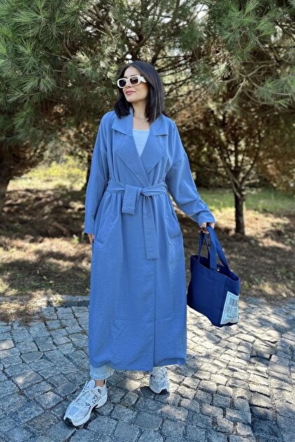Moda4x4 Women's Blue Double Breasted Collar, Belt, Pocket, Loose