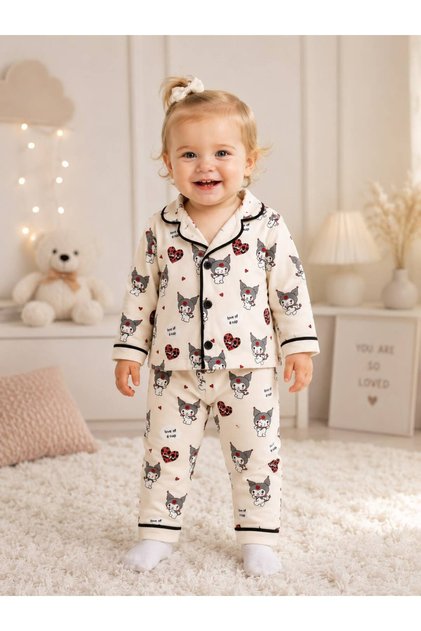 100% Cotton Long Sleeve Buttoned Seasonal Cute Character Patterned Soft Textured Bottom and Top Girls Boys Unisex Baby Pajama Set