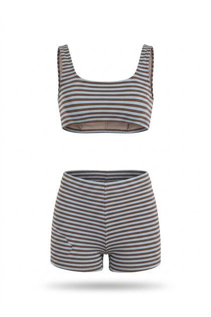 Blue Brown Stripe Bustier Shorts Set