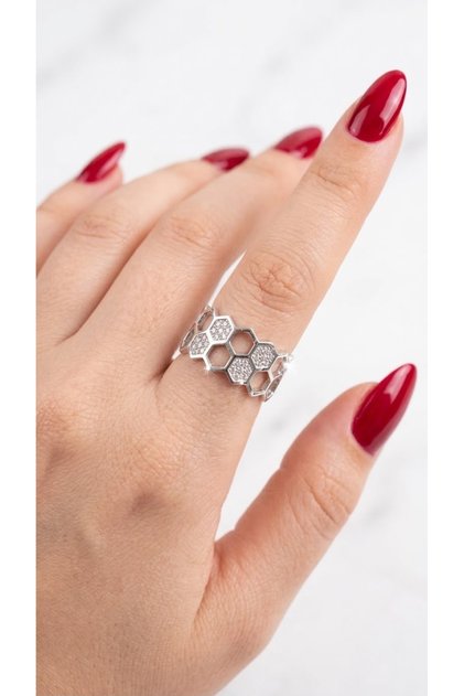 Honeycomb Design Zircon Stone Women's Ring Special Design Hexagonal Detailed Stylish and Modern Adjustable Ring Steel Look