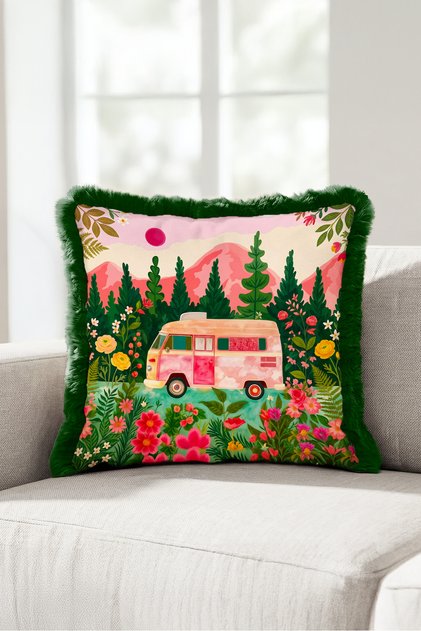 Floral Caravan Landscape Fringed Pillowcase - Camping Retro Bohemian Pink Green Tassel Throw Pillow Cover