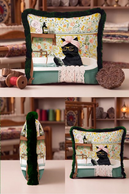 Floral Fringed Pillowcase with Cat in the Bathroom - Nostalgic Themed Retro Tassel Throw Pillow Cover