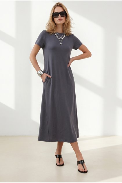 Women's Anthracite Crew Neck Pocketed Modal Buttoned Flowy Dress Elb-19002666