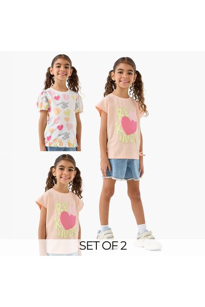 Pack of 2 Round Neck Short Sleeves T-shirt with Heart Print