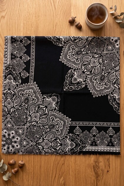 Women's Black and White Ethnic Patterned Stylish Hijab Flared Scarf
