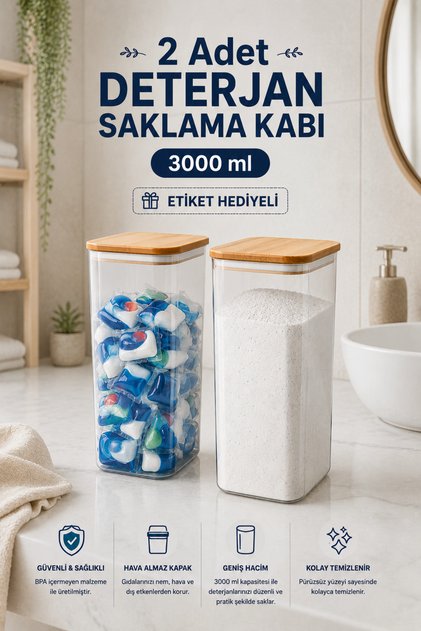 2-Pack 3 Lt Labeled Tablet Detergent Storage Container with Wooden Lid – Bathroom Kitchen Organizer Box Organizer