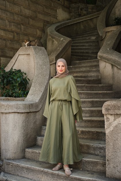Women's Sleeve-Cape Detail Waist-Tie Loose Trousers Green