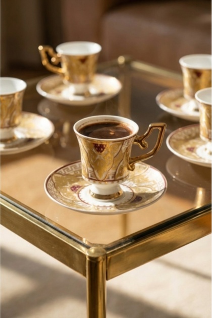Nicoline 24K Gold Detailed Porcelain Coffee Cup Set for 6 People - 90 ml