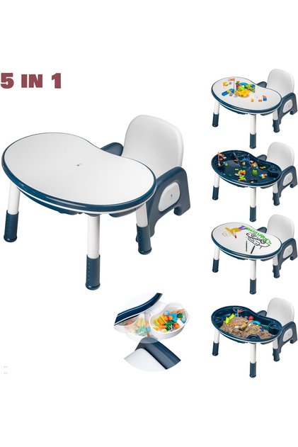 Kids Learning Desk, Activity Table and Chair Set, With Gadgets, Height Adjustable Educational Desk with Storage Baskets, Whiteboard, Building Blocks & Water Toy activity, 74.5x47x57.5cm (Blue Z)