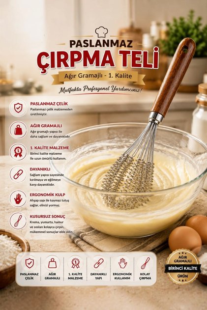 Stainless Steel Professional Whisk - Heavy Duty with Wooden Handle 1St Grade Quality Luxury Egg and Dough Beater