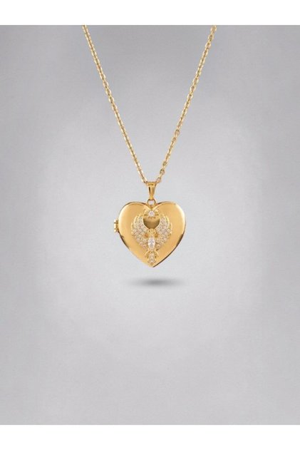 Gold Heart Medallion Necklace with Stone Figure