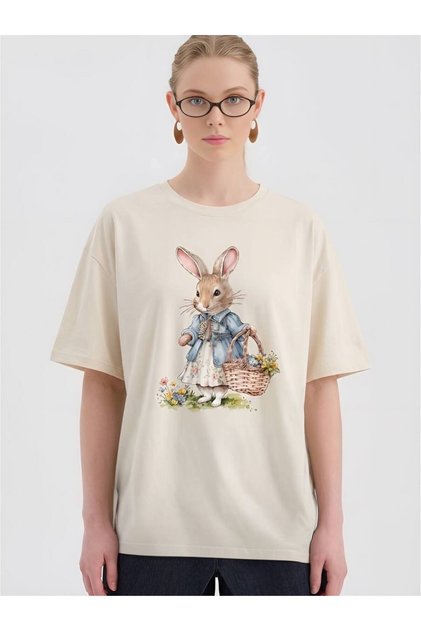 Women's Oversize Design T-Shirt with Rabbit Print and Handmade Detail