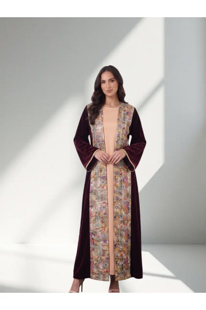 Women's Velvet Open-Front Abaya - Tapestry Pattern Trim & Gold Braid Detail Kimono