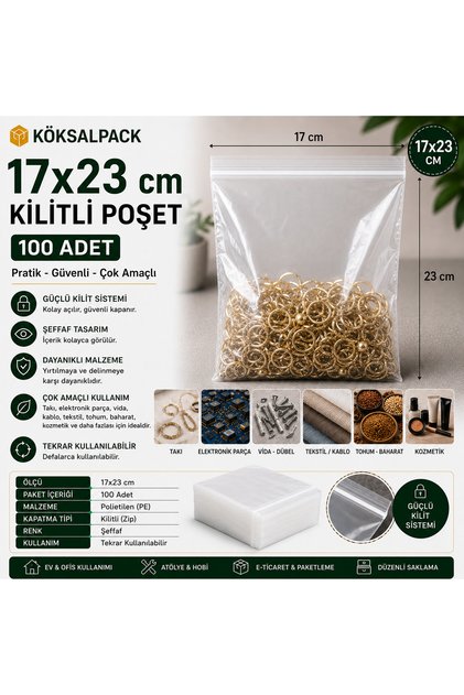 Köksalpack 17X23 cm Ziplock Bag Transparent Ziplock Bag 100 Pieces | Zip Lock Bags Electronic Parts, Textiles, Samples and Packaging