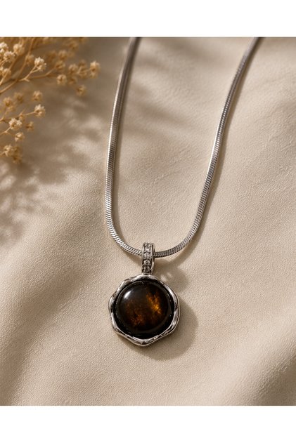 Kadın Çelik Gümüş Renk Kaplan Gözü / Kedi Gözü Taşlı Kolye - İtalyan Yılan Zincirli Yuvarlak Charm Kolye